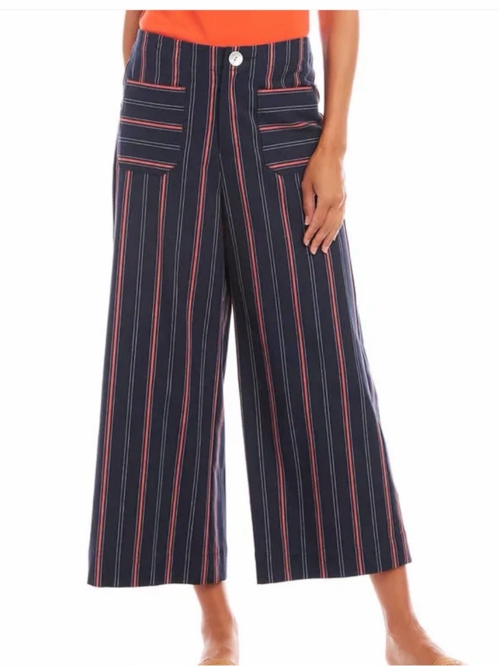 Karen Kane Navy Wide-Leg Cropped Pants with Red Pinstripes